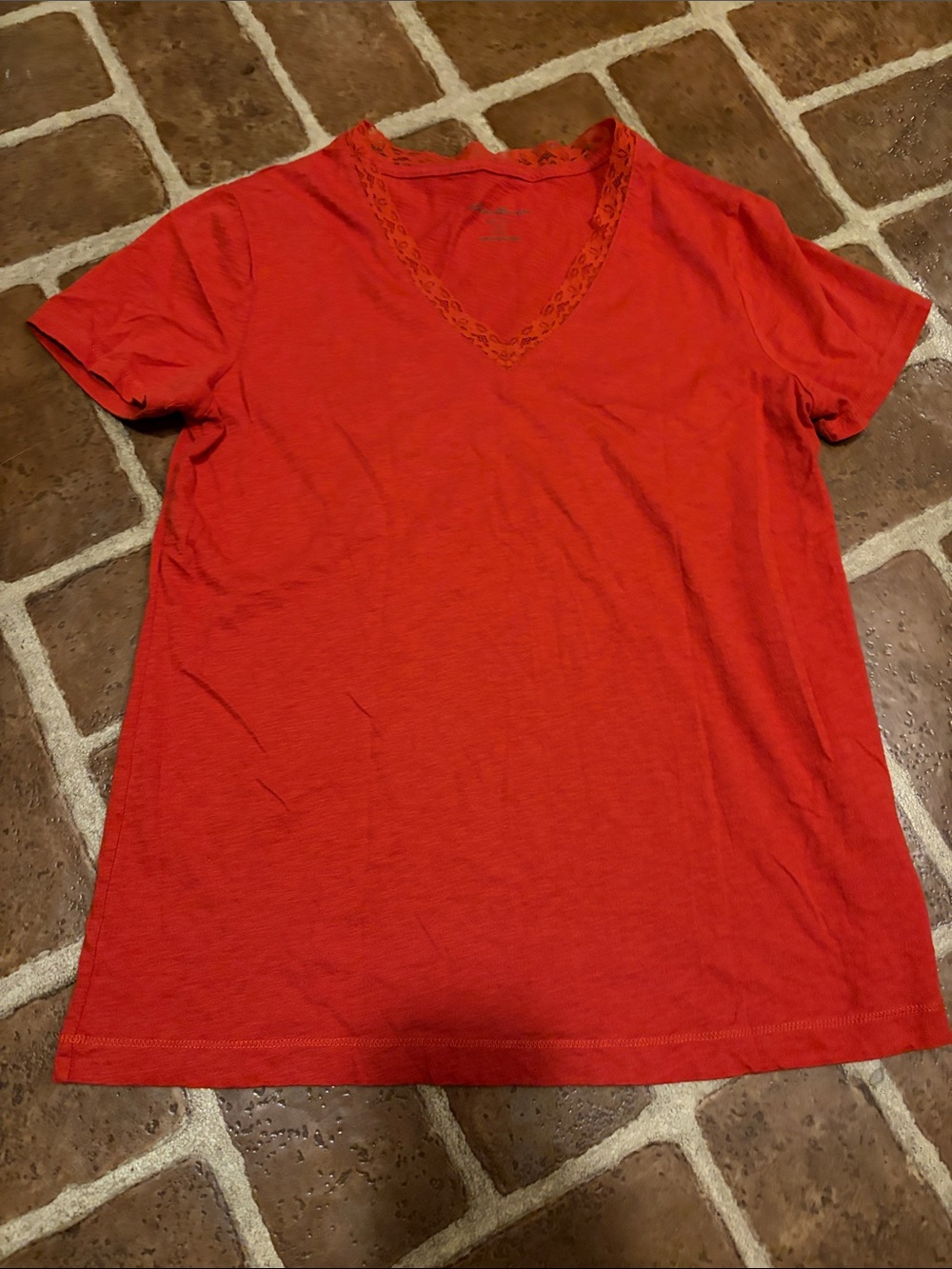 Eddie Bauer Orange-Red V-Neck Short Sleeve Tee with Lace Trim